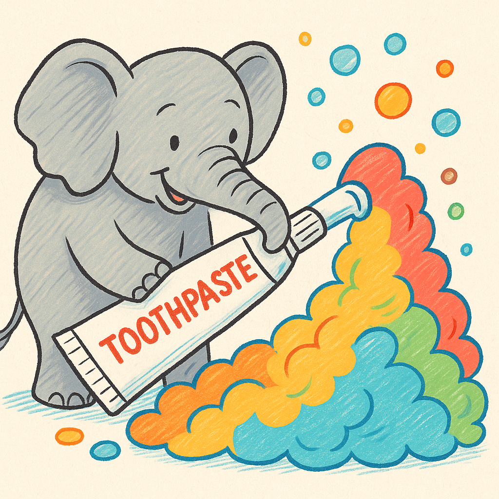 象の歯磨き粉のイラスト（ゾウが泡を押し出している）