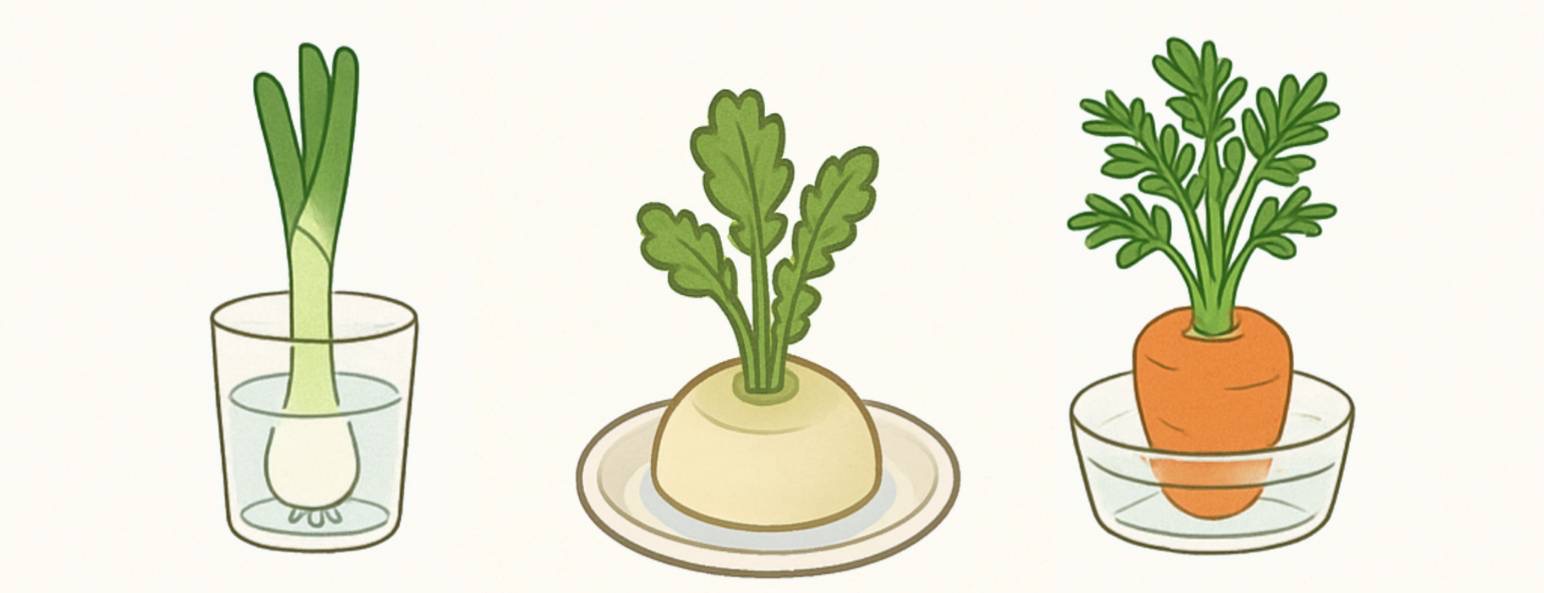 台所で楽しむ再生野菜のイメージ（豆苗・ネギ・大根葉・にんじんのヘタ）